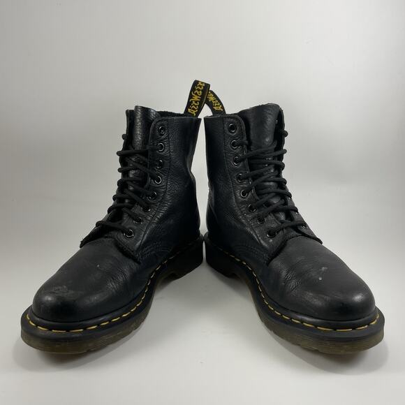 Dr Martens Doc Pascal Combat Boots Womens Size 6 Black Pebbled Leather 8-Eye - Picture 2 of 11